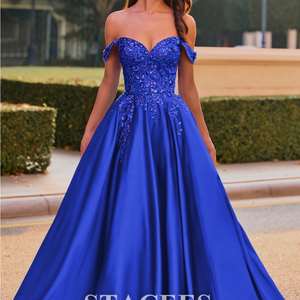 Stacees: A-line strapless embroidered ball gown with detachable straps
